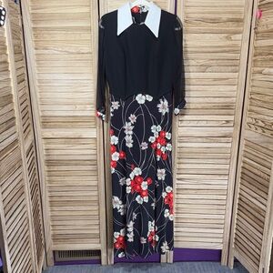 Cay Artley Floral Black and Red Excellent Shape Vintage Maxi Dress Size 14